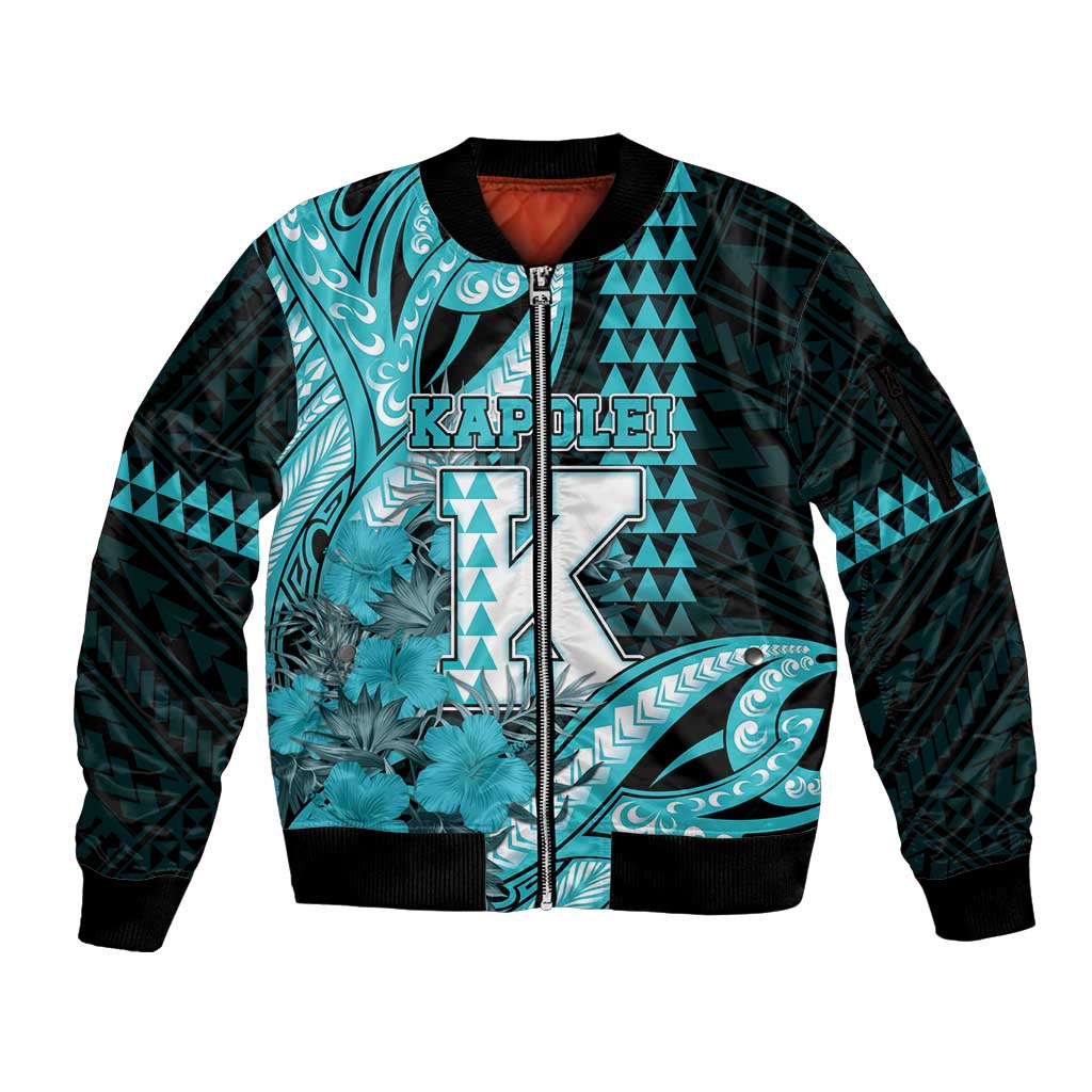 Personalised Hawaii Kapolei High School Sleeve Zip Bomber Jacket Tribal Tattoo With Hibiscus Flowers