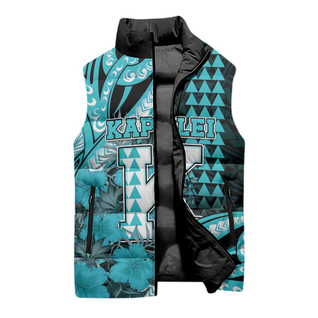 Personalised Hawaii Kapolei High School Sleeveless Puffer Jacket Tribal Tattoo With Hibiscus Flowers