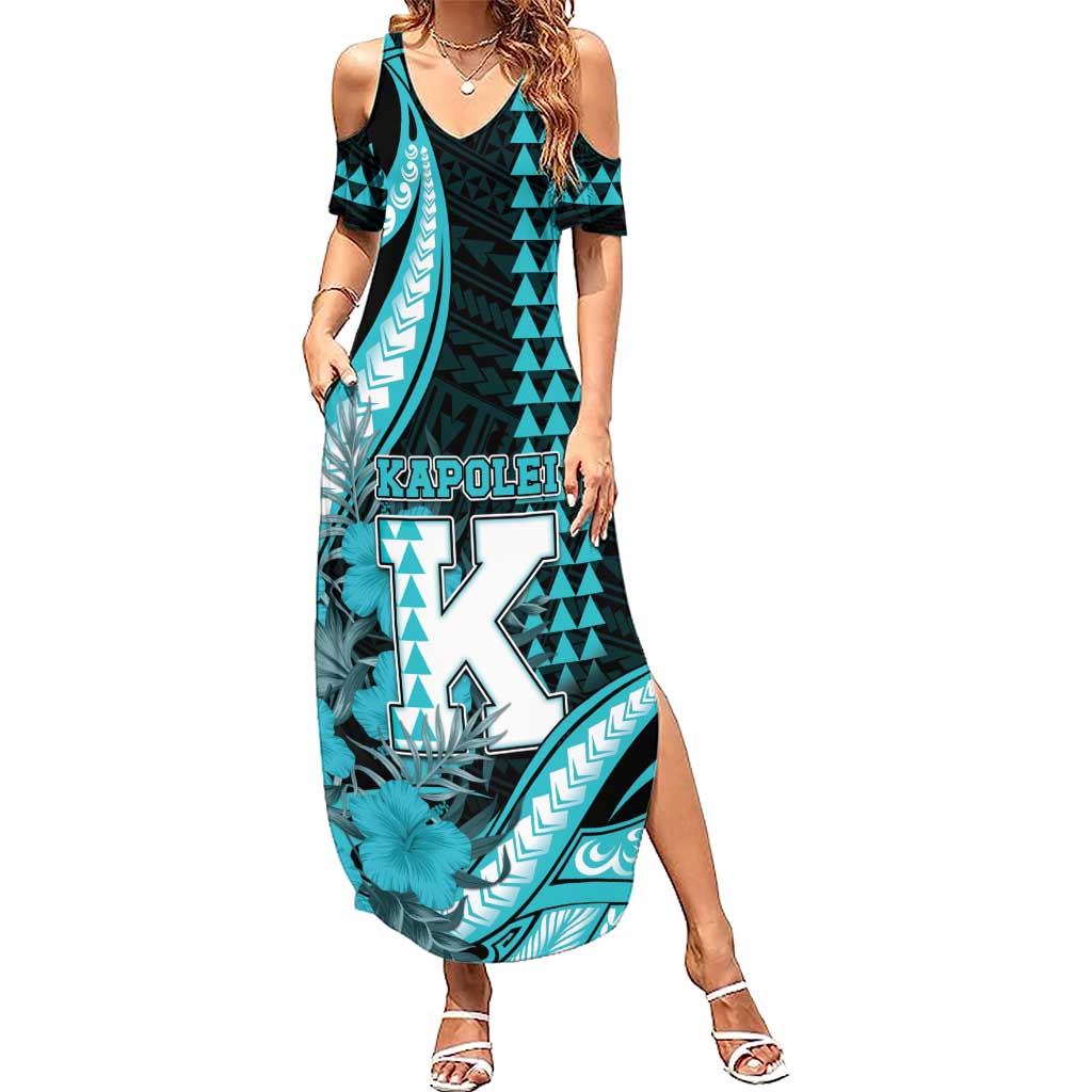 Personalised Hawaii Kapolei High School Summer Maxi Dress Tribal Tattoo With Hibiscus Flowers LT05 Women Dark Teal - Polynesian Pride