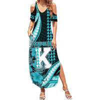 Personalised Hawaii Kapolei High School Summer Maxi Dress Tribal Tattoo With Hibiscus Flowers LT05 Women Dark Teal - Polynesian Pride