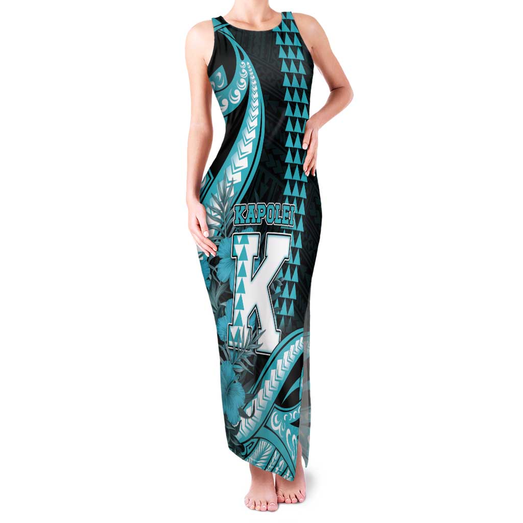 Personalised Hawaii Kapolei High School Tank Maxi Dress Tribal Tattoo With Hibiscus Flowers LT05 Women Dark Teal - Polynesian Pride