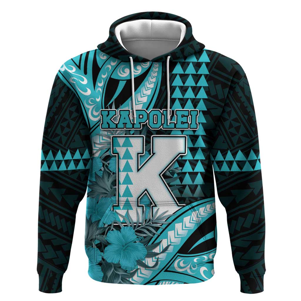 Personalised Hawaii Kapolei High School Zip Hoodie Tribal Tattoo With Hibiscus Flowers LT05 Pullover Hoodie Dark Teal - Polynesian Pride