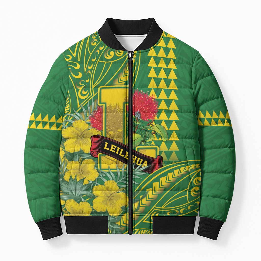 Personalised Hawaii Leilehua High School Bomber Puffer Jacket Tribal Tattoo With Hibiscus Flowers