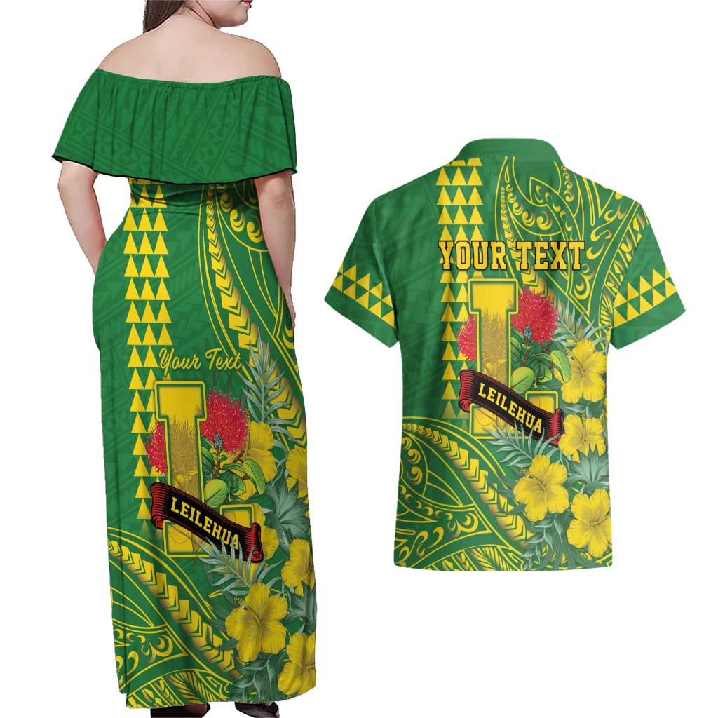 Personalised Hawaii Leilehua High School Couples Matching Off Shoulder Maxi Dress and Hawaiian Shirt Tribal Tattoo With Hibiscus Flowers LT05 - Polynesian Pride