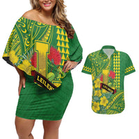 Personalised Hawaii Leilehua High School Couples Matching Off Shoulder Short Dress and Hawaiian Shirt Tribal Tattoo With Hibiscus Flowers LT05 Green - Polynesian Pride