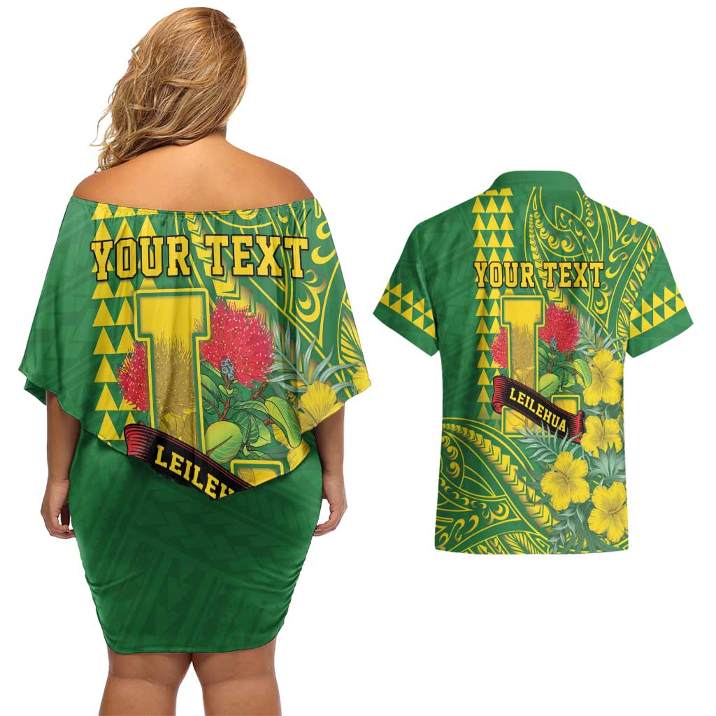 Personalised Hawaii Leilehua High School Couples Matching Off Shoulder Short Dress and Hawaiian Shirt Tribal Tattoo With Hibiscus Flowers LT05 - Polynesian Pride