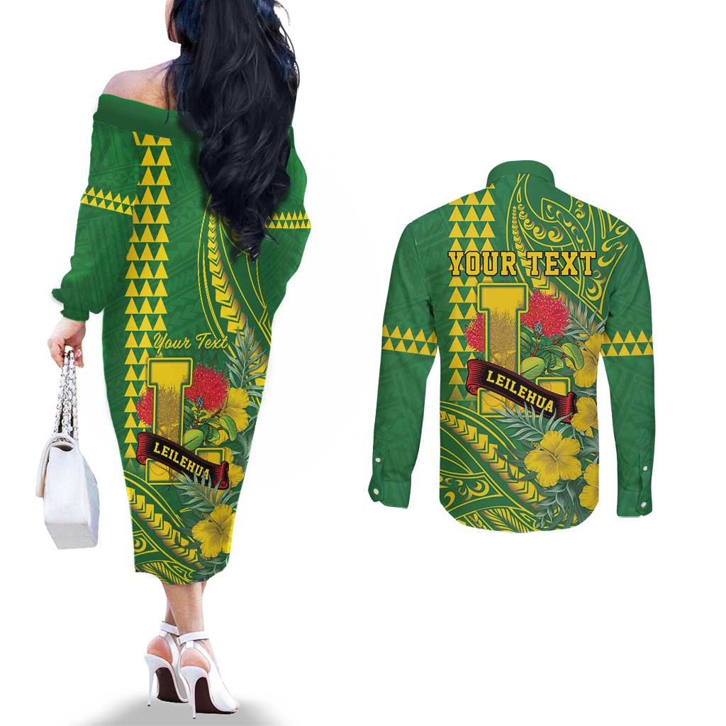 Personalised Hawaii Leilehua High School Couples Matching Off The Shoulder Long Sleeve Dress and Long Sleeve Button Shirt Tribal Tattoo With Hibiscus Flowers LT05 - Polynesian Pride