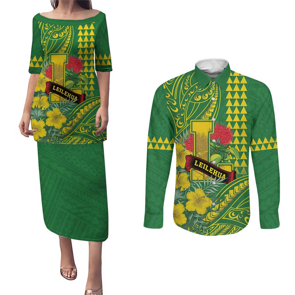 Personalised Hawaii Leilehua High School Couples Matching Puletasi and Long Sleeve Button Shirt Tribal Tattoo With Hibiscus Flowers