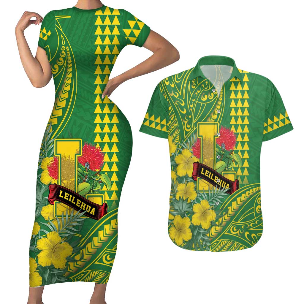 Personalised Hawaii Leilehua High School Couples Matching Short Sleeve Bodycon Dress and Hawaiian Shirt Tribal Tattoo With Hibiscus Flowers LT05 Green - Polynesian Pride