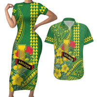 Personalised Hawaii Leilehua High School Couples Matching Short Sleeve Bodycon Dress and Hawaiian Shirt Tribal Tattoo With Hibiscus Flowers LT05 Green - Polynesian Pride