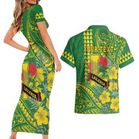 Personalised Hawaii Leilehua High School Couples Matching Short Sleeve Bodycon Dress and Hawaiian Shirt Tribal Tattoo With Hibiscus Flowers LT05 - Polynesian Pride