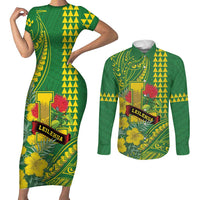 Personalised Hawaii Leilehua High School Couples Matching Short Sleeve Bodycon Dress and Long Sleeve Button Shirt Tribal Tattoo With Hibiscus Flowers LT05 Green - Polynesian Pride