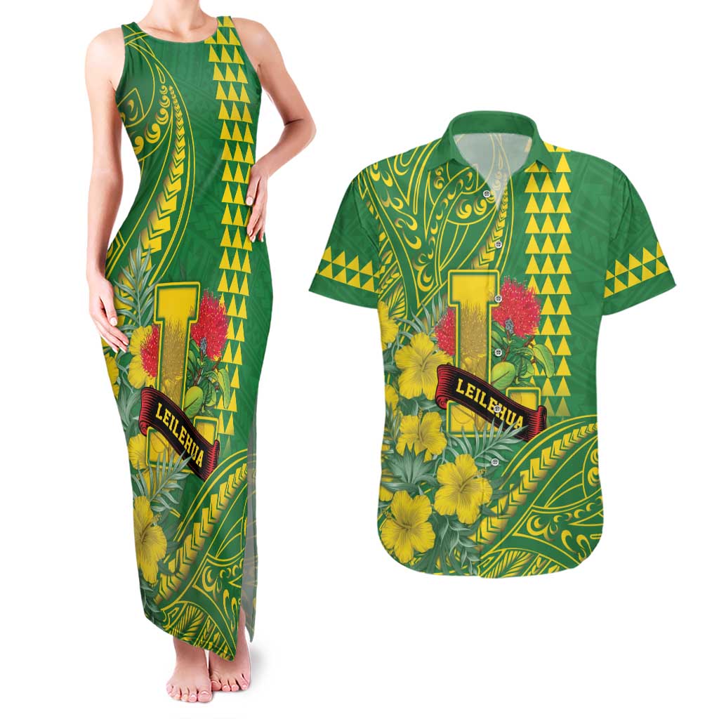 Personalised Hawaii Leilehua High School Couples Matching Tank Maxi Dress and Hawaiian Shirt Tribal Tattoo With Hibiscus Flowers