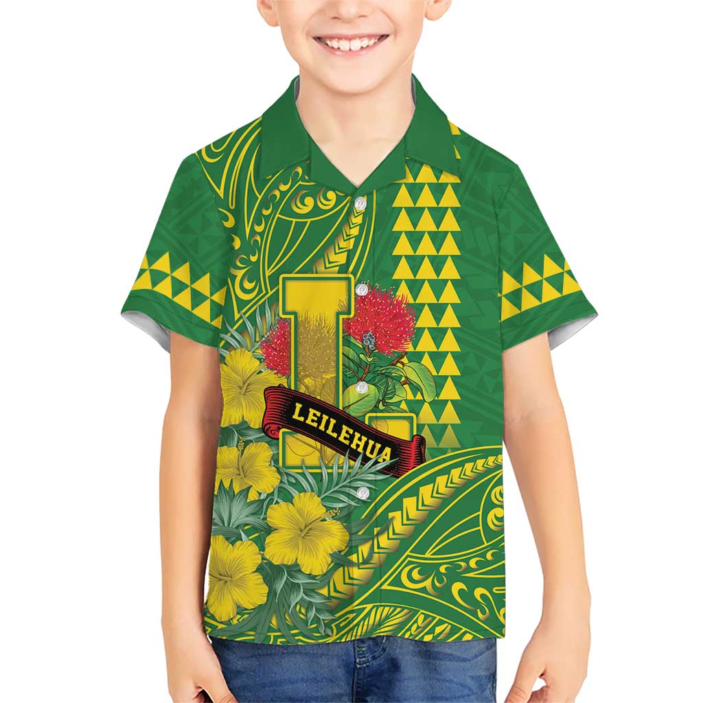 Personalised Hawaii Leilehua High School Family Matching Off Shoulder Maxi Dress and Hawaiian Shirt Tribal Tattoo With Hibiscus Flowers LT05 Son's Shirt Green - Polynesian Pride