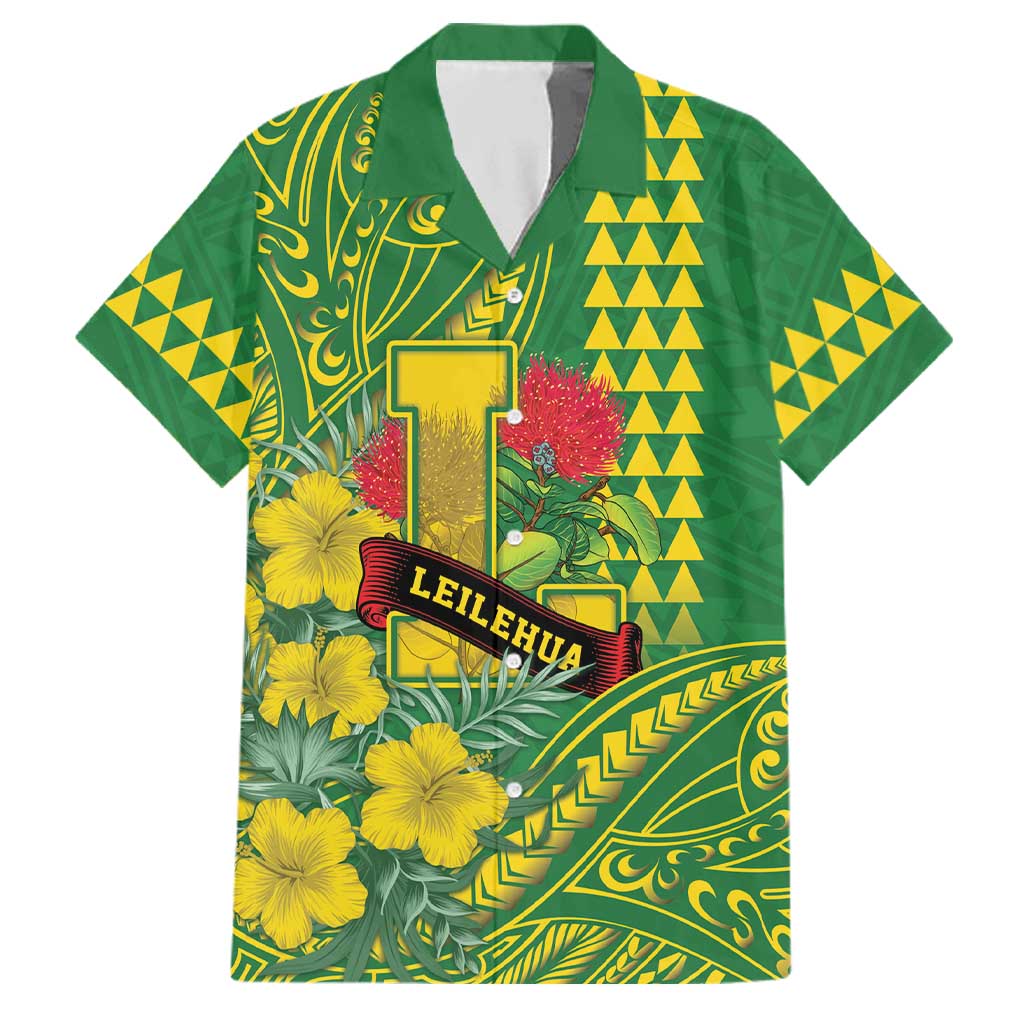 Personalised Hawaii Leilehua High School Family Matching Off Shoulder Short Dress and Hawaiian Shirt Tribal Tattoo With Hibiscus Flowers LT05 Dad's Shirt - Short Sleeve Green - Polynesian Pride