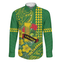 Personalised Hawaii Leilehua High School Family Matching Off Shoulder Short Dress and Hawaiian Shirt Tribal Tattoo With Hibiscus Flowers LT05 Dad's Shirt - Long Sleeve Green - Polynesian Pride