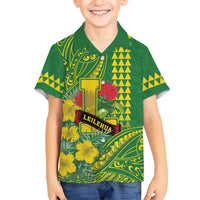 Personalised Hawaii Leilehua High School Family Matching Off Shoulder Short Dress and Hawaiian Shirt Tribal Tattoo With Hibiscus Flowers LT05 Son's Shirt Green - Polynesian Pride