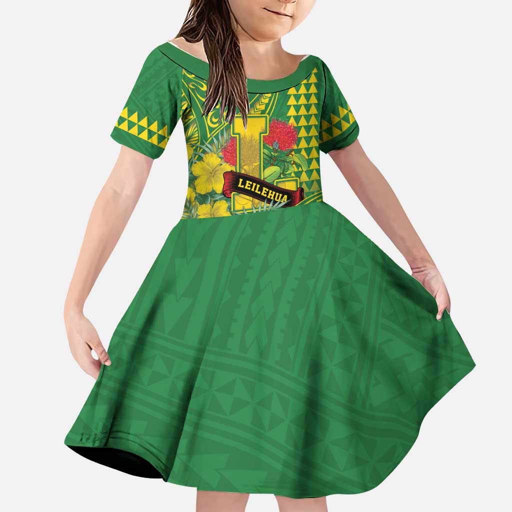 Personalised Hawaii Leilehua High School Family Matching Puletasi and Hawaiian Shirt Tribal Tattoo With Hibiscus Flowers LT05 Daughter's Dress Green - Polynesian Pride