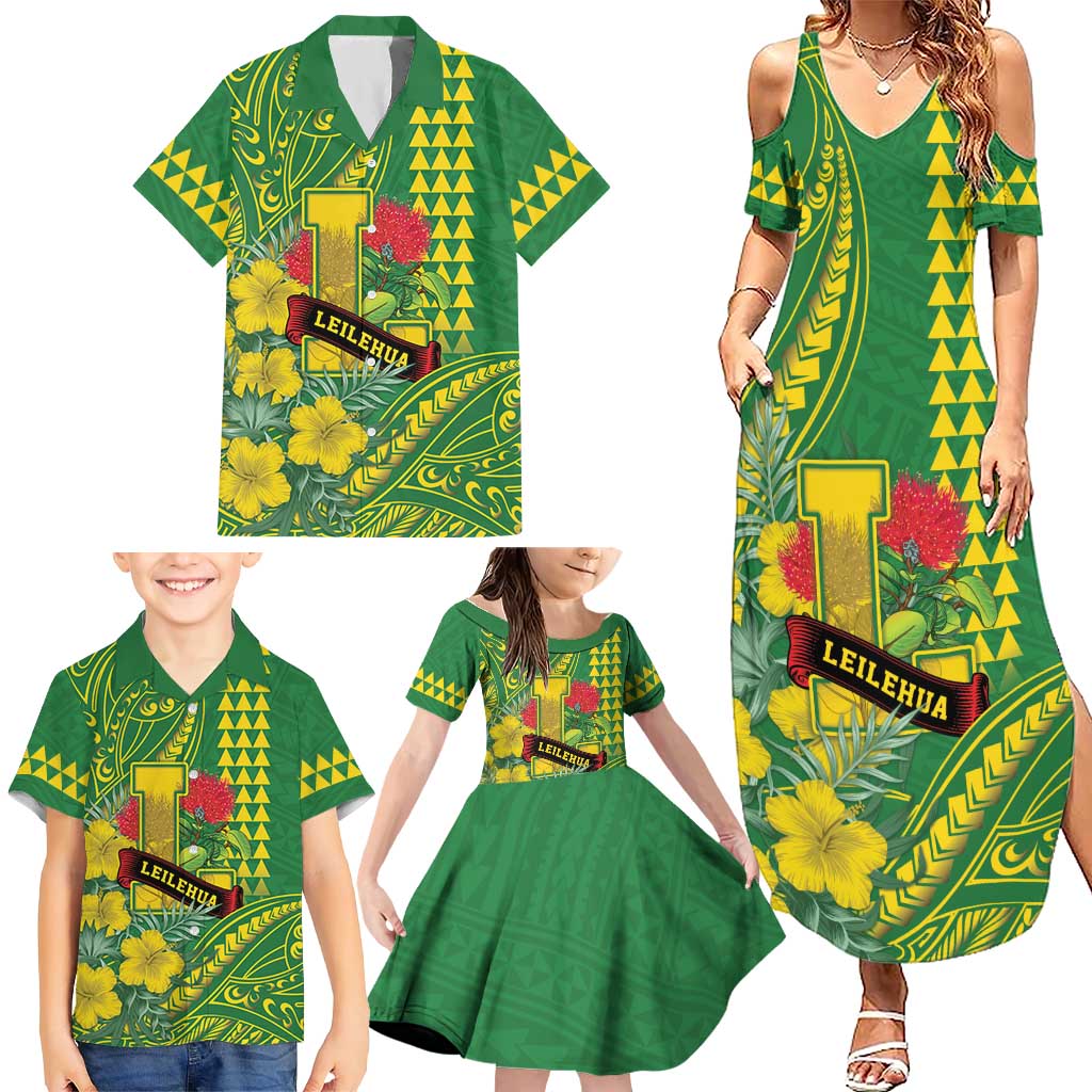 Personalised Hawaii Leilehua High School Family Matching Summer Maxi Dress and Hawaiian Shirt Tribal Tattoo With Hibiscus Flowers