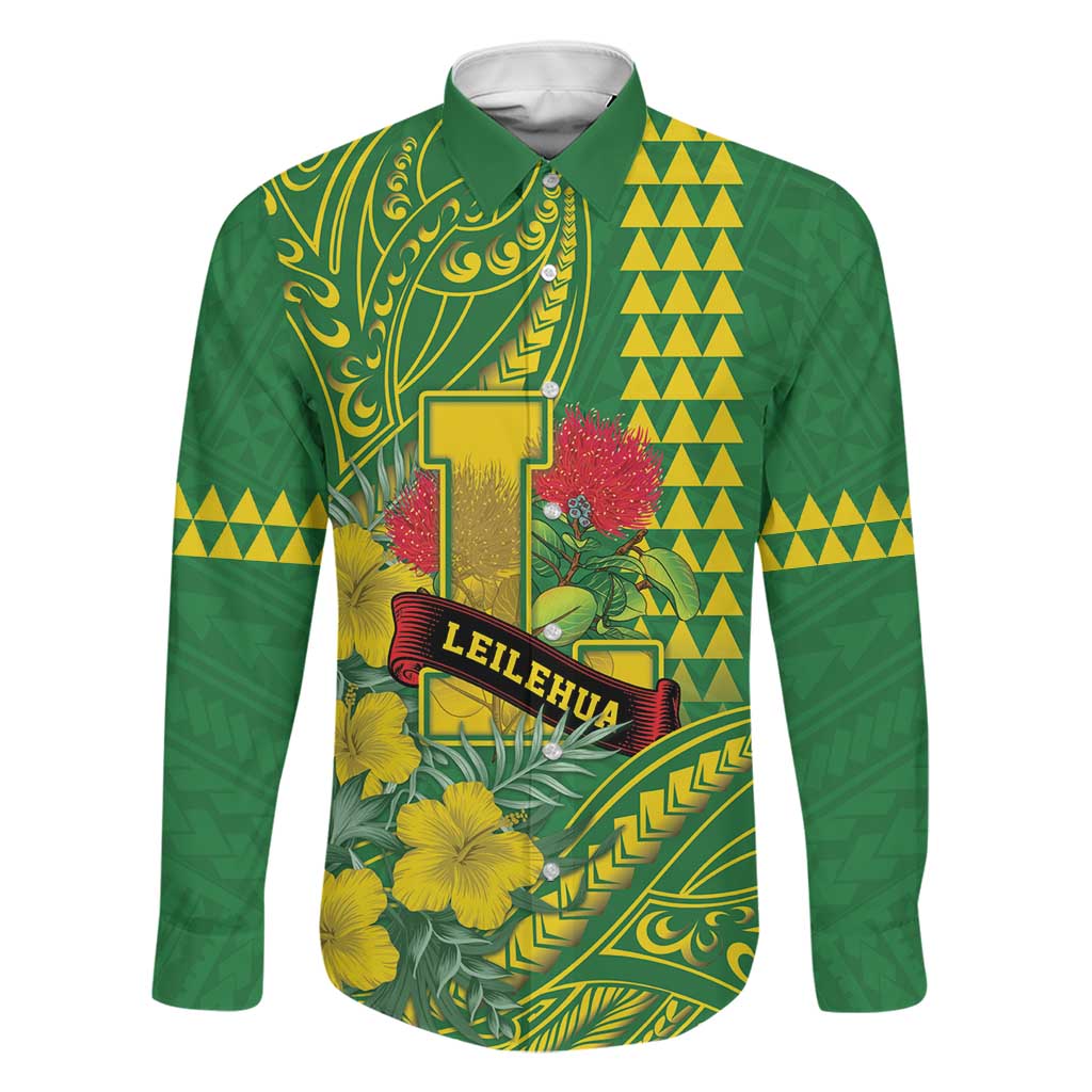 Personalised Hawaii Leilehua High School Family Matching Tank Maxi Dress and Hawaiian Shirt Tribal Tattoo With Hibiscus Flowers LT05 Dad's Shirt - Long Sleeve Green - Polynesian Pride