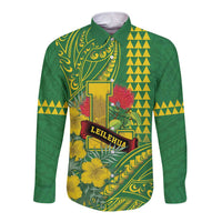 Personalised Hawaii Leilehua High School Long Sleeve Button Shirt Tribal Tattoo With Hibiscus Flowers LT05 Unisex Green - Polynesian Pride