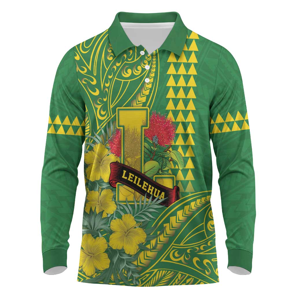 Personalised Hawaii Leilehua High School Long Sleeve Polo Shirt Tribal Tattoo With Hibiscus Flowers