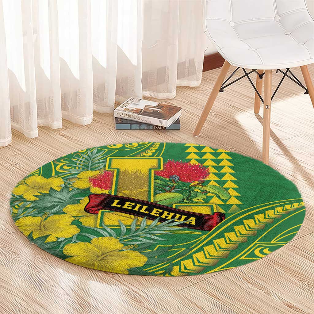 Hawaii Leilehua High School Round Carpet Tribal Tattoo With Hibiscus Flowers