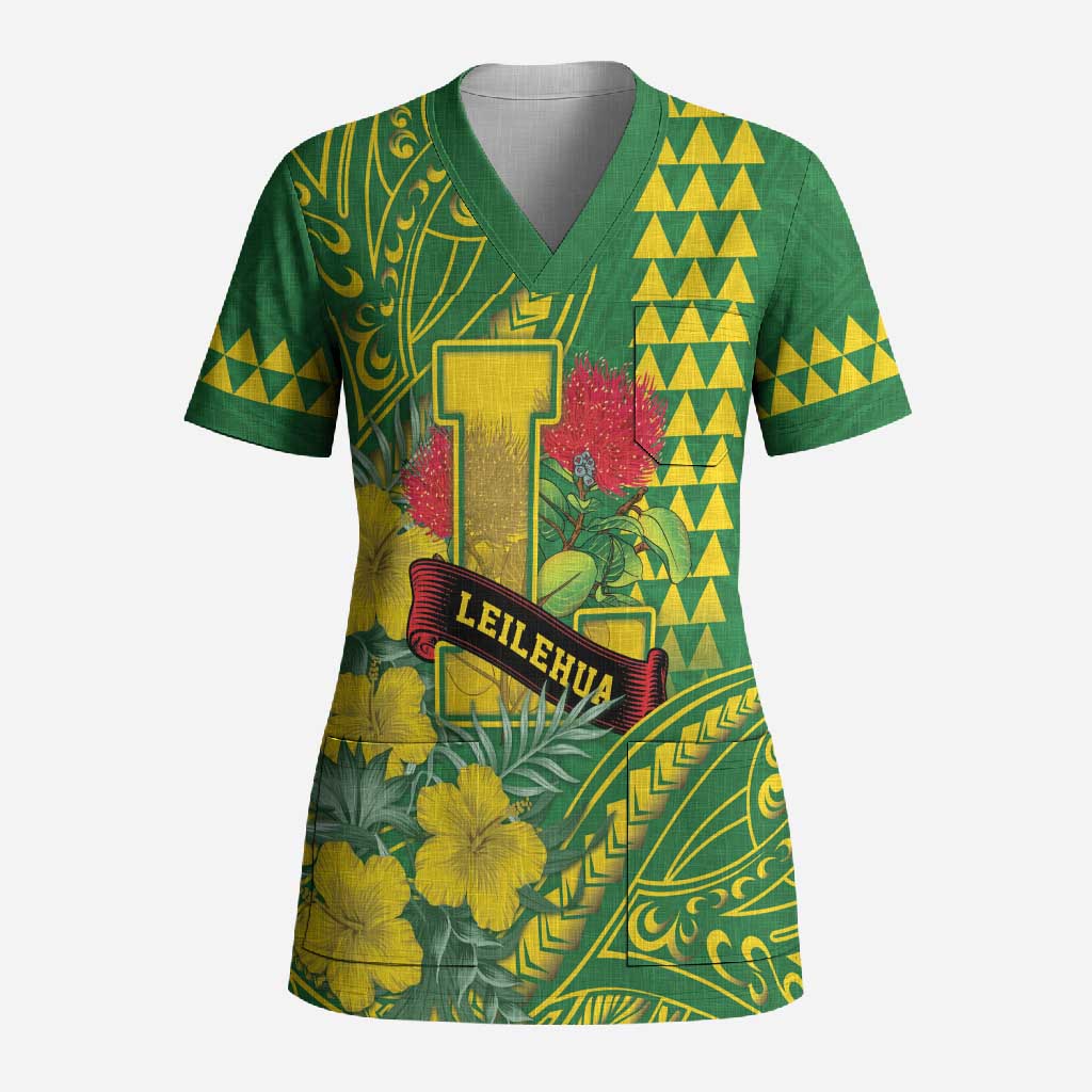 Personalised Hawaii Leilehua High School Scrub Top Tribal Tattoo With Hibiscus Flowers