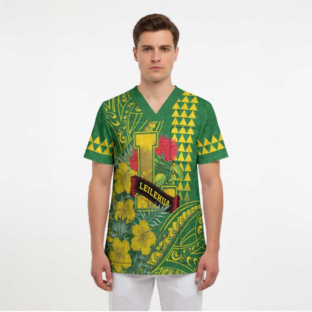 Personalised Hawaii Leilehua High School Scrub Top Tribal Tattoo With Hibiscus Flowers
