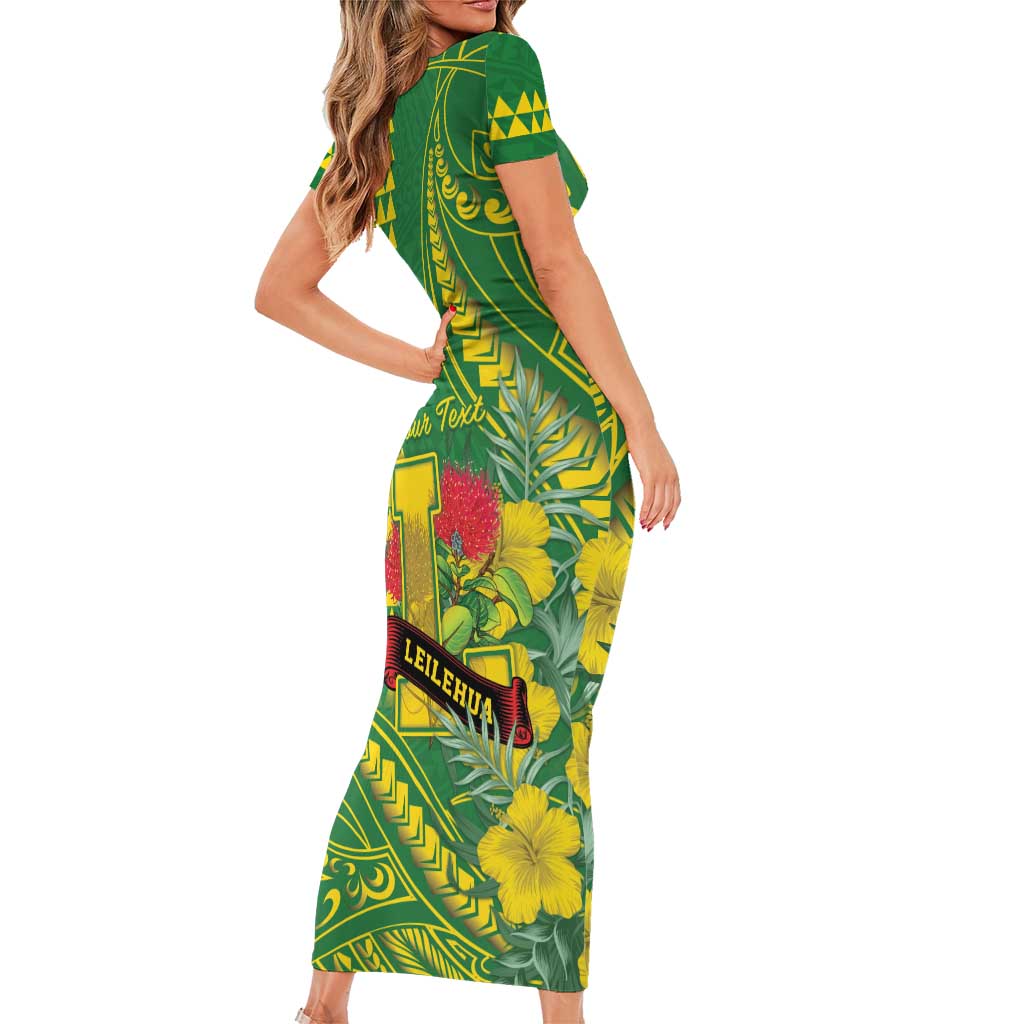 Personalised Hawaii Leilehua High School Short Sleeve Bodycon Dress Tribal Tattoo With Hibiscus Flowers LT05 - Polynesian Pride