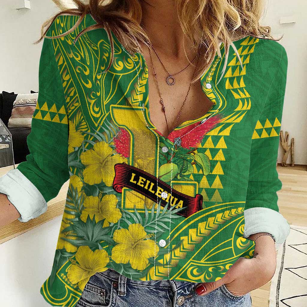 Personalised Hawaii Leilehua High School Women Casual Shirt Tribal Tattoo With Hibiscus Flowers LT05 Female Green - Polynesian Pride