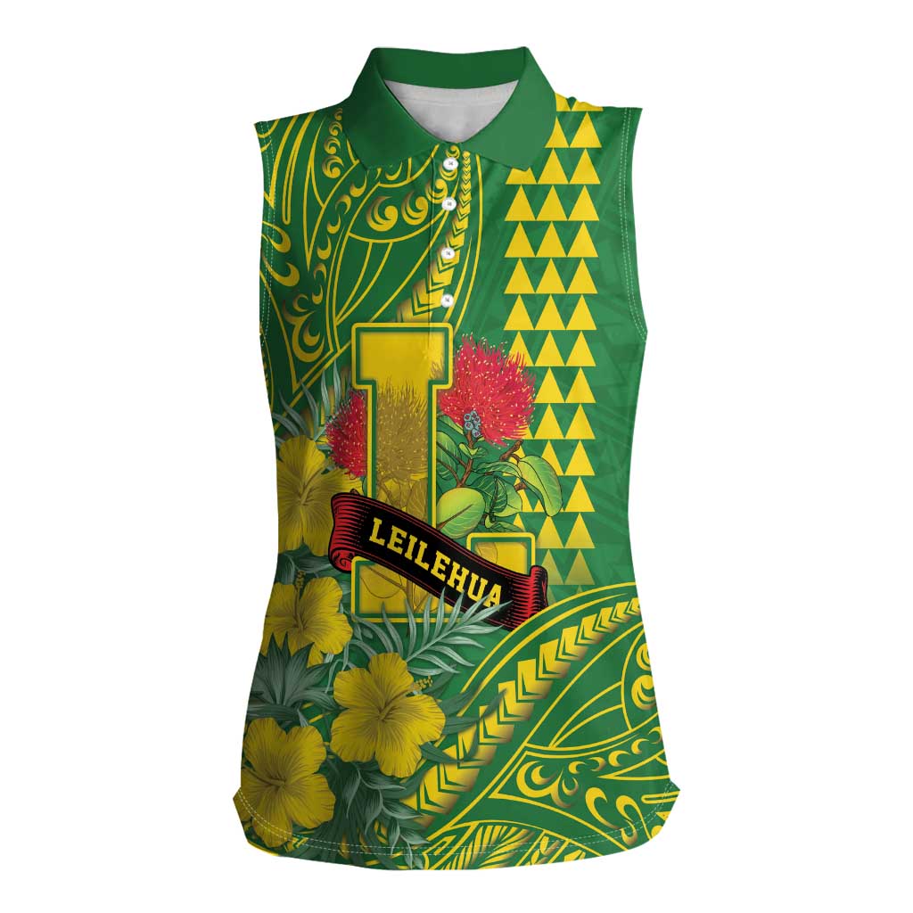 Personalised Hawaii Leilehua High School Women Sleeveless Polo Shirt Tribal Tattoo With Hibiscus Flowers LT05 Female Green - Polynesian Pride