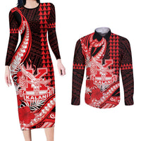 Personalised Hawaii Kalani High School Couples Matching Long Sleeve Bodycon Dress and Long Sleeve Button Shirt Tribal Tattoo With Hibiscus Flowers LT05 Red - Polynesian Pride