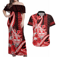 Personalised Hawaii Kalani High School Couples Matching Off Shoulder Maxi Dress and Hawaiian Shirt Tribal Tattoo With Hibiscus Flowers LT05 Red - Polynesian Pride