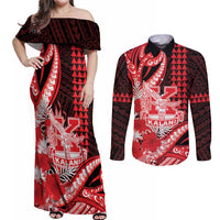 Personalised Hawaii Kalani High School Couples Matching Off Shoulder Maxi Dress and Long Sleeve Button Shirt Tribal Tattoo With Hibiscus Flowers LT05 Red - Polynesian Pride
