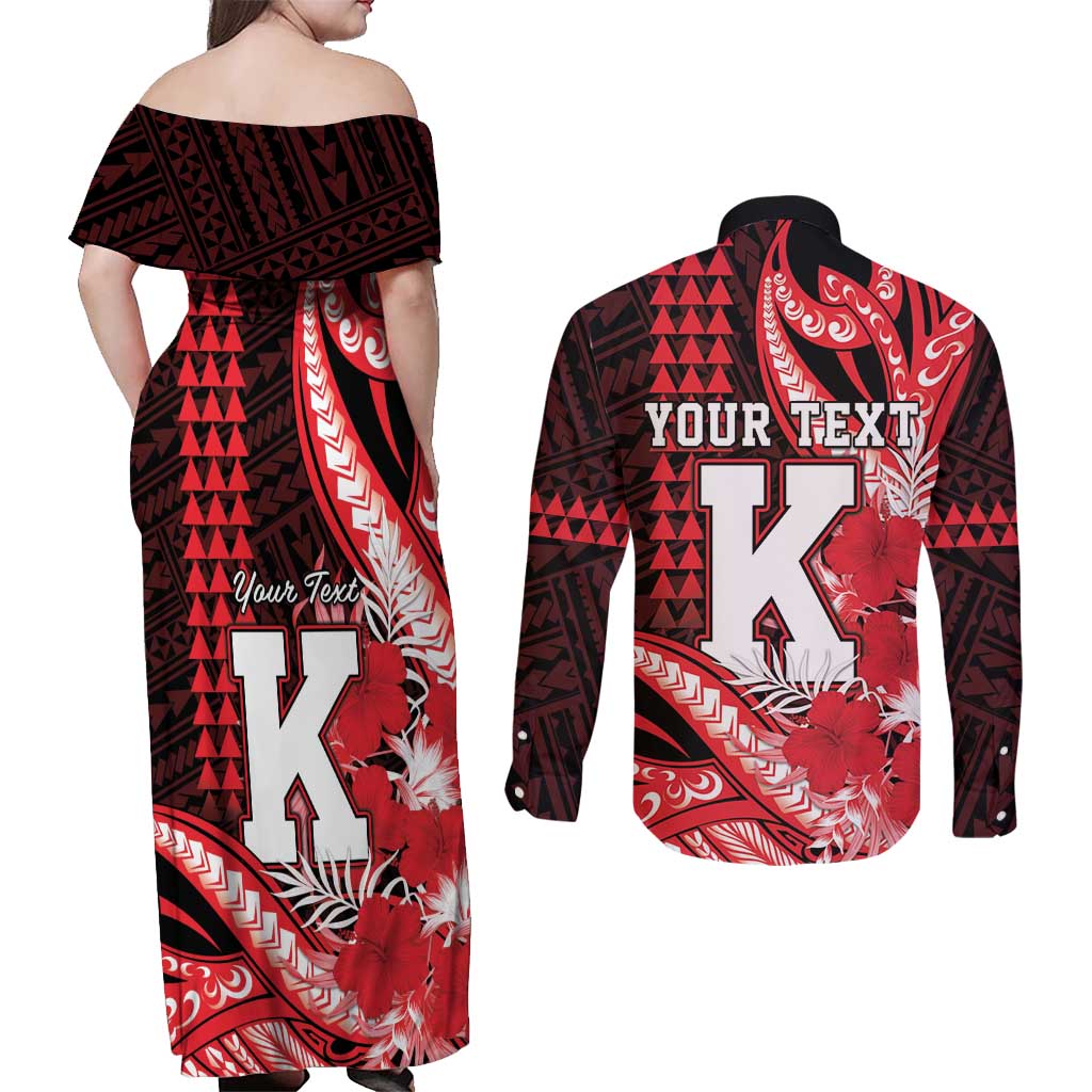 Personalised Hawaii Kalani High School Couples Matching Off Shoulder Maxi Dress and Long Sleeve Button Shirt Tribal Tattoo With Hibiscus Flowers LT05 - Polynesian Pride