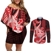 Personalised Hawaii Kalani High School Couples Matching Off Shoulder Short Dress and Long Sleeve Button Shirt Tribal Tattoo With Hibiscus Flowers LT05 Red - Polynesian Pride