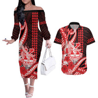Personalised Hawaii Kalani High School Couples Matching Off The Shoulder Long Sleeve Dress and Hawaiian Shirt Tribal Tattoo With Hibiscus Flowers LT05 Red - Polynesian Pride