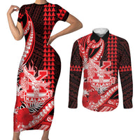 Personalised Hawaii Kalani High School Couples Matching Short Sleeve Bodycon Dress and Long Sleeve Button Shirt Tribal Tattoo With Hibiscus Flowers LT05 Red - Polynesian Pride