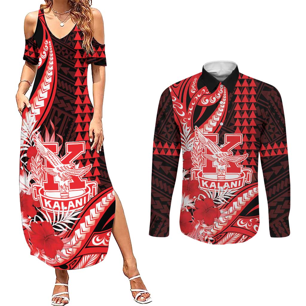 Personalised Hawaii Kalani High School Couples Matching Summer Maxi Dress and Long Sleeve Button Shirt Tribal Tattoo With Hibiscus Flowers LT05 Red - Polynesian Pride