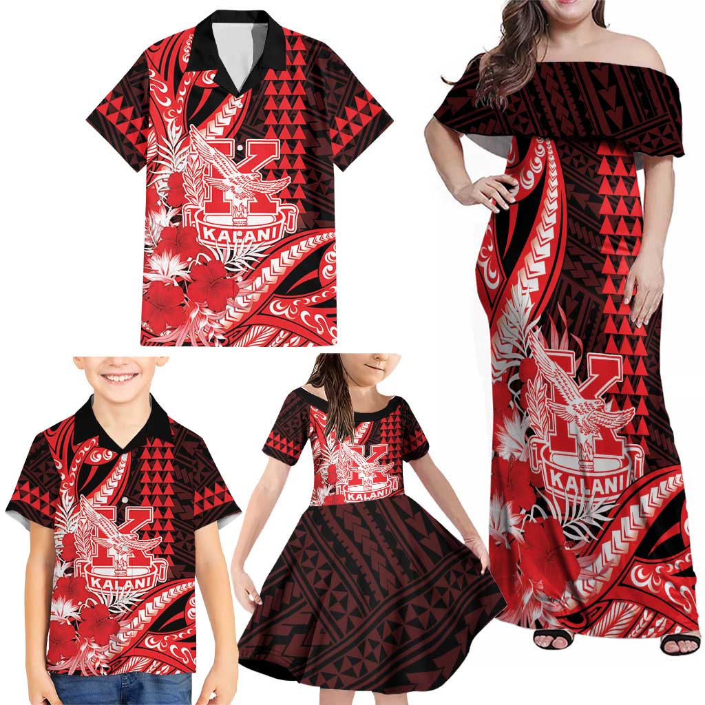 Personalised Hawaii Kalani High School Family Matching Off Shoulder Maxi Dress and Hawaiian Shirt Tribal Tattoo With Hibiscus Flowers LT05 - Polynesian Pride