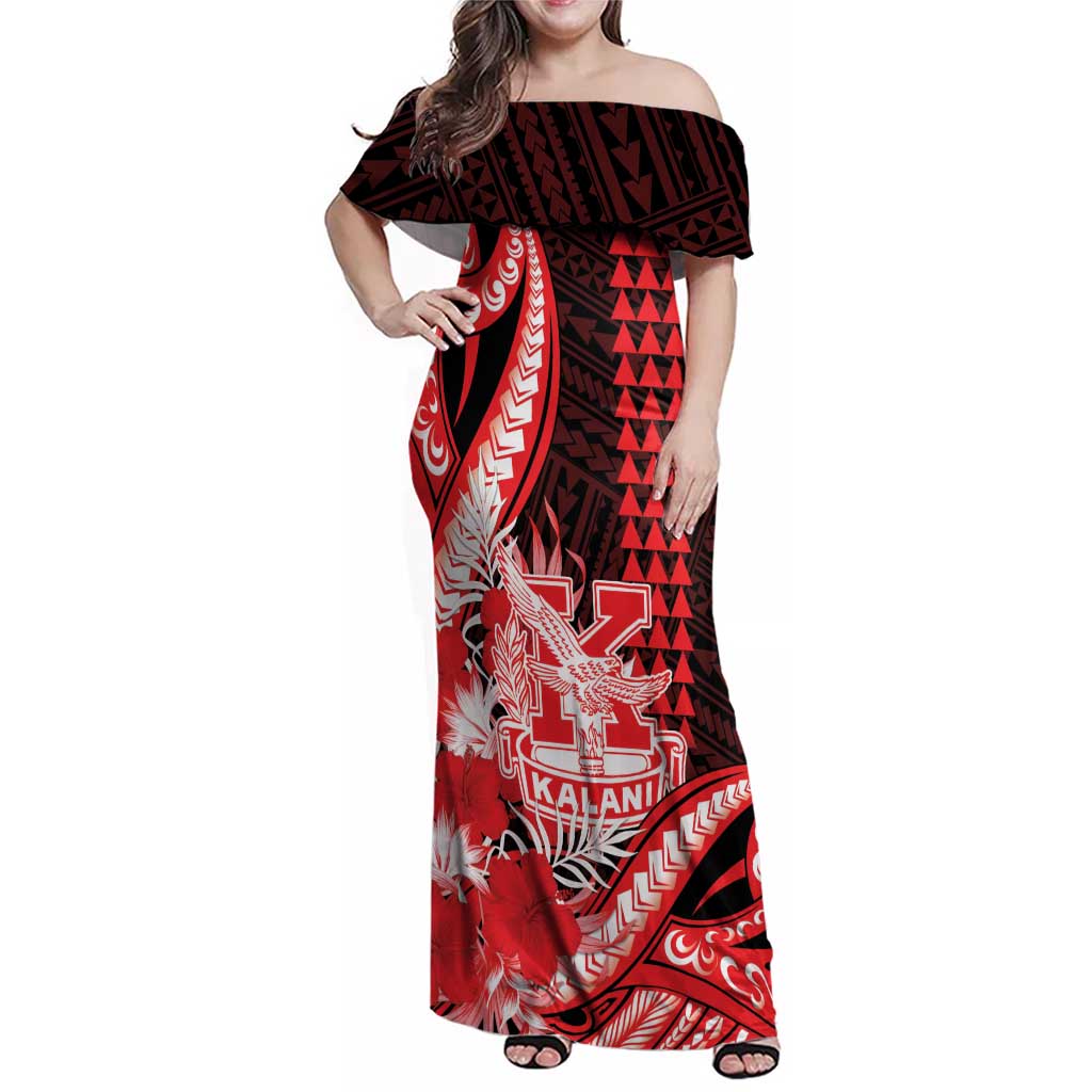 Personalised Hawaii Kalani High School Family Matching Off Shoulder Maxi Dress and Hawaiian Shirt Tribal Tattoo With Hibiscus Flowers LT05 Mom's Dress Red - Polynesian Pride
