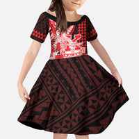 Personalised Hawaii Kalani High School Family Matching Off Shoulder Short Dress and Hawaiian Shirt Tribal Tattoo With Hibiscus Flowers LT05 Daughter's Dress Red - Polynesian Pride