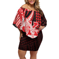 Personalised Hawaii Kalani High School Family Matching Off Shoulder Short Dress and Hawaiian Shirt Tribal Tattoo With Hibiscus Flowers LT05 Mom's Dress Red - Polynesian Pride