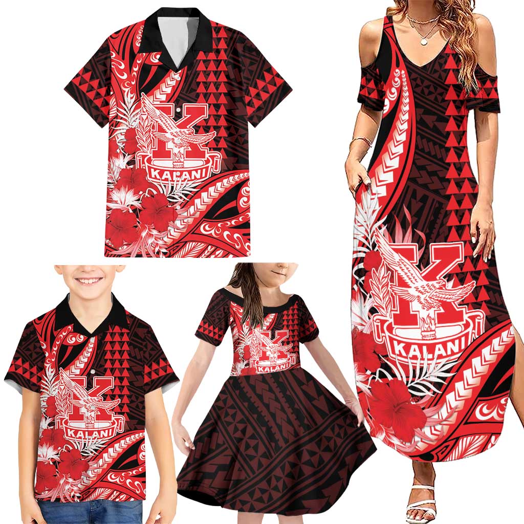 Personalised Hawaii Kalani High School Family Matching Summer Maxi Dress and Hawaiian Shirt Tribal Tattoo With Hibiscus Flowers