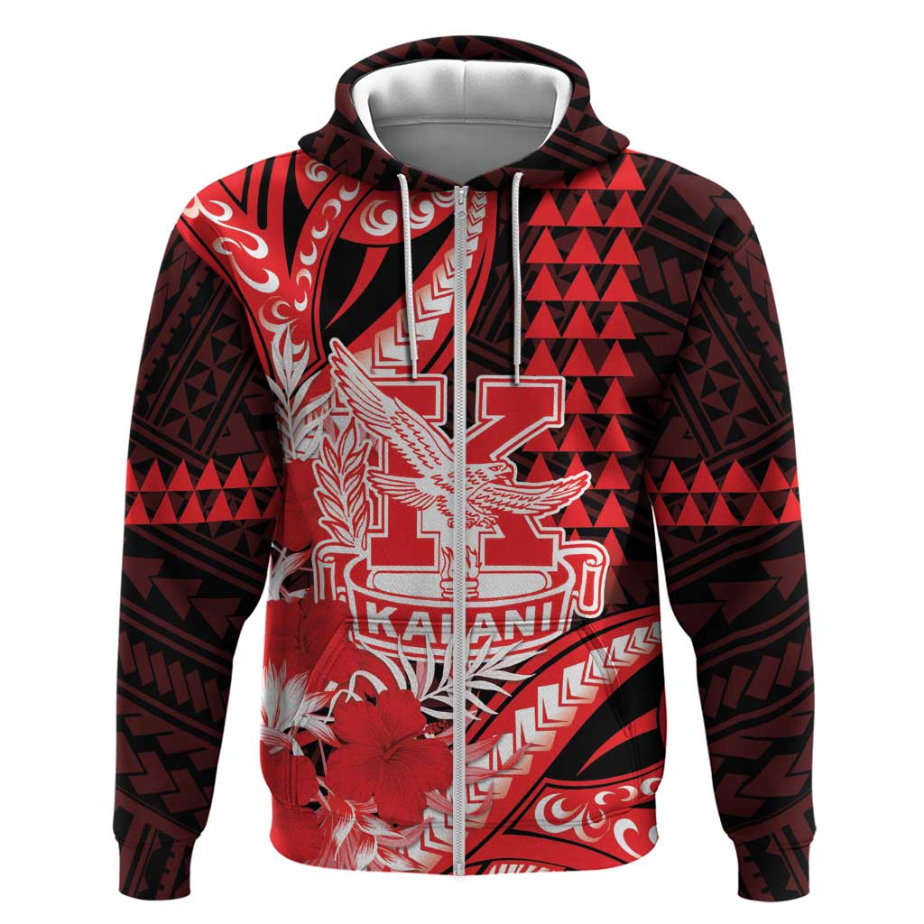 Personalised Hawaii Kalani High School Hoodie Tribal Tattoo With Hibiscus Flowers LT05 Zip Hoodie Red - Polynesian Pride