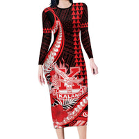 Personalised Hawaii Kalani High School Long Sleeve Bodycon Dress Tribal Tattoo With Hibiscus Flowers LT05 Long Dress Red - Polynesian Pride