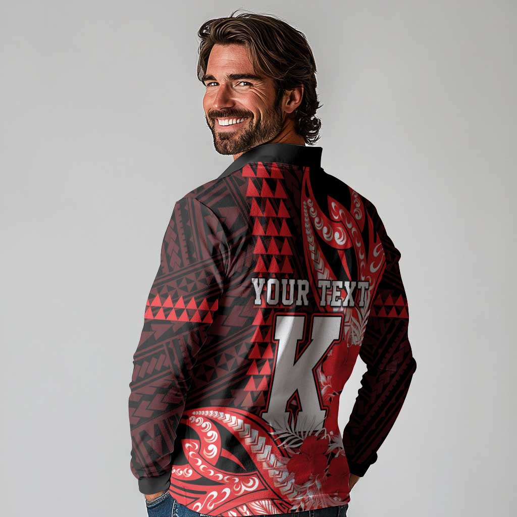 Personalised Hawaii Kalani High School Long Sleeve Polo Shirt Tribal Tattoo With Hibiscus Flowers LT05 - Polynesian Pride