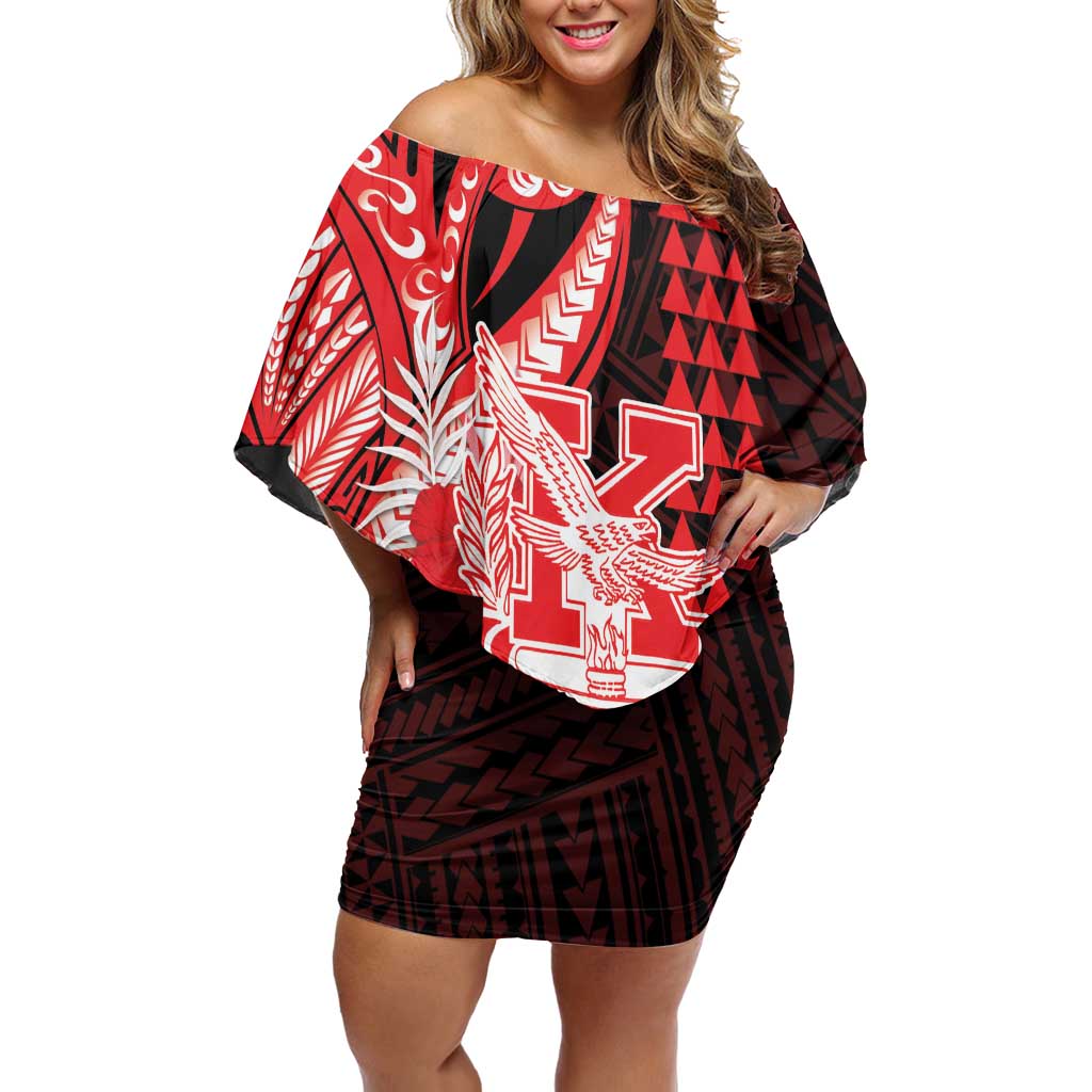 Personalised Hawaii Kalani High School Off Shoulder Short Dress Tribal Tattoo With Hibiscus Flowers LT05 Women Red - Polynesian Pride