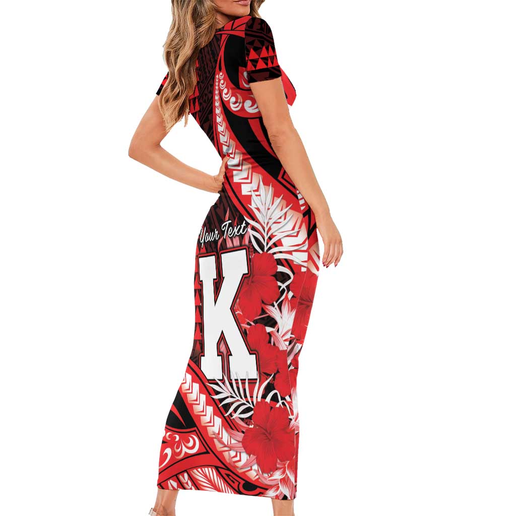 Personalised Hawaii Kalani High School Short Sleeve Bodycon Dress Tribal Tattoo With Hibiscus Flowers LT05 - Polynesian Pride